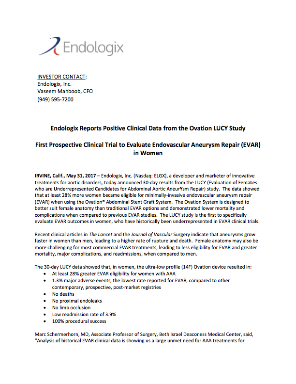 Endologix Reports Positive Clinical Data From The Ovation LUCY Study - Endologix